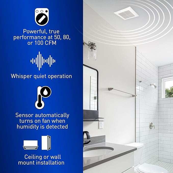Panasonic WhisperValue Ceiling/Wall Mount Bathroom Exhaust Fan with Humidity Sensor, 50-80-100 CFM, FV-0510VSC1