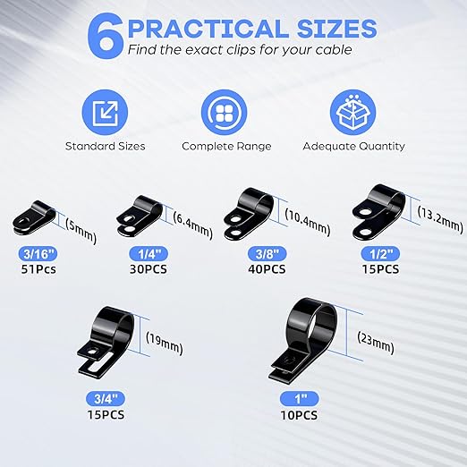 322PCS Black Cable Clips R-Type Nylon Wire Clips Assortment Kit 6 Sizes 3/16" 1/4" 3/8" 1/2" 3/4" 1" Cable Clamps with M4 Screws for Wire Managemen, Office, Garage