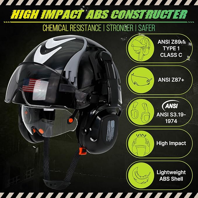 Hard Hat with Dual Visor and Hearing Protection-OSHA Approved Construction Hard Hats with Visor Sunglasses Earmuffs for Men,Vented Forestry Chainsaw Arborist Helmet with Chin Straps