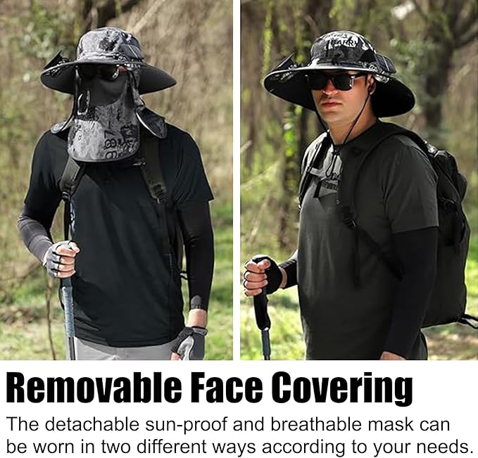 Solar Fan Hat, Wide Brim Solar Fan Outdoor Fishing Hat with Removable Neck Flap and Face Cover for Fishing, Hiking, Camping Grey