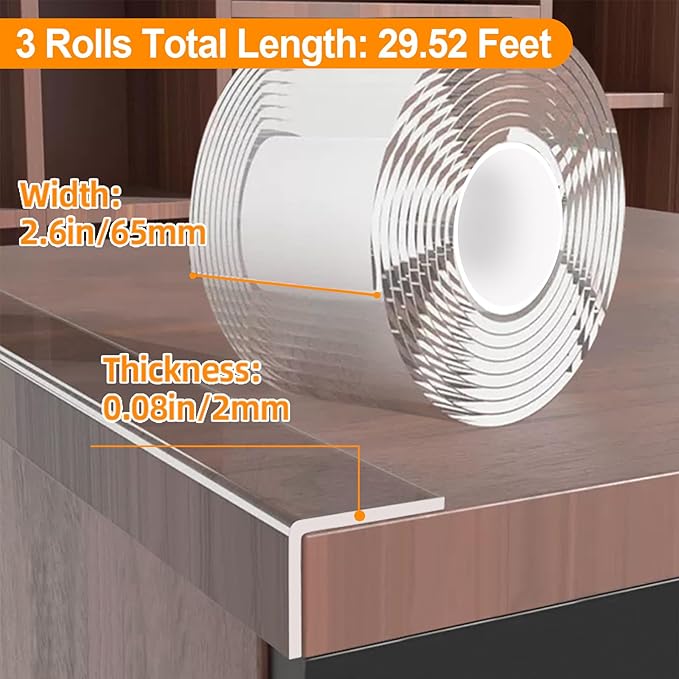 3 Pack Clear Edge Protector Strip,2.56 in x 9.84 FT,Sharp Edge Wrap Cover Tape,Self Adhesive Protective Bumper Guards for Cabinet Door Desk Glass Table Bed Furniture,Kitchen Countertop