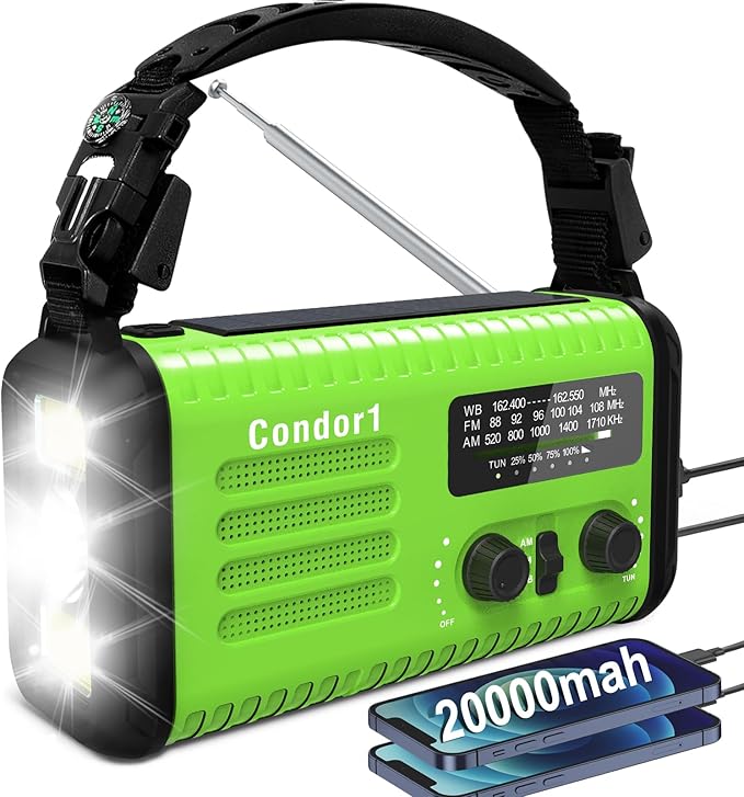 AM FM NOAA Portable Emergency Radio，USB-C/Solar/Hand Crank Charging, Strong Reception & Sound, Large Dial Easy to Use,Alert, Flashlight, Reading Lamp, Cell Phone Charger and SOS Siren
