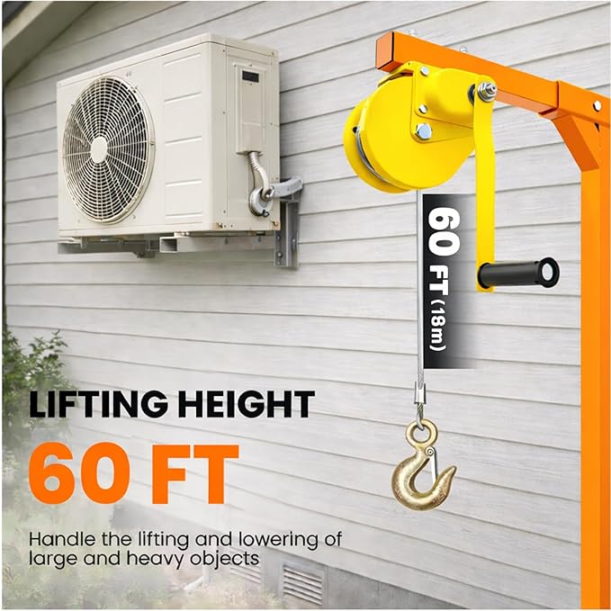 Air Conditioner Lifting Tool, 1200LBS Heavy Duty HVAC Hoist with 60FT Steel Cable, Portable AC Lifting Crane for Outdoor Installation, Self-Locking Manual Winch & Mounting Bracket, Carbon Steel