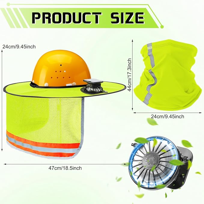 2 Sets Sun Hard Hat Shade Neck Protection with Solar Fans, Full Brim High Visibility Sun Visor Mesh Bandana Scarf for Hard Hat Accessories, Reflective(Fluorescent Yellow, Fluorescent Green)