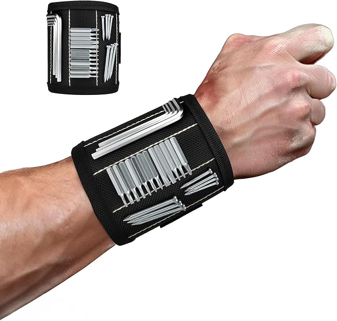 Magnetic Wristband for Screws, 3-Row Strong Magnets for Holding Screws, Nails, Drill Bits, Tool Belts for Men, Craftsmen, Construction, Great Gift for Dad, Men (Black)