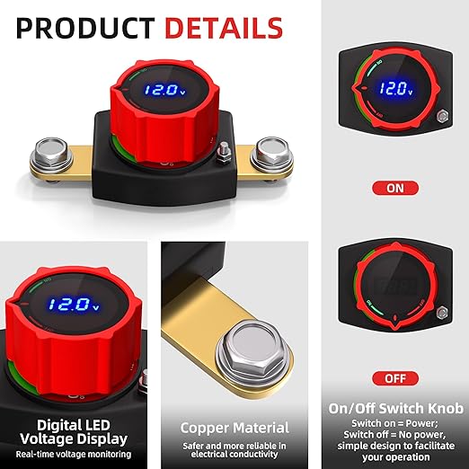 Joinfworld Side Post Battery Disconnect Switch 12V-48V with Led Voltmeter Display, DC 5-60V Battery Kill Switch Waterproof Marine Battery Cut Off Switch 12 Volt for Car RV Boat ATV UTV Vehicles