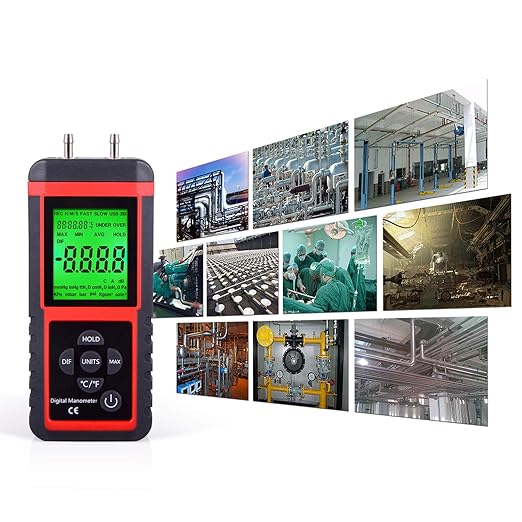 EHDIS Manometer, Professional Air Pressure Meter, Dual-Port HVAC Digital Manometers Gas Pressure Tester Differential Gauge