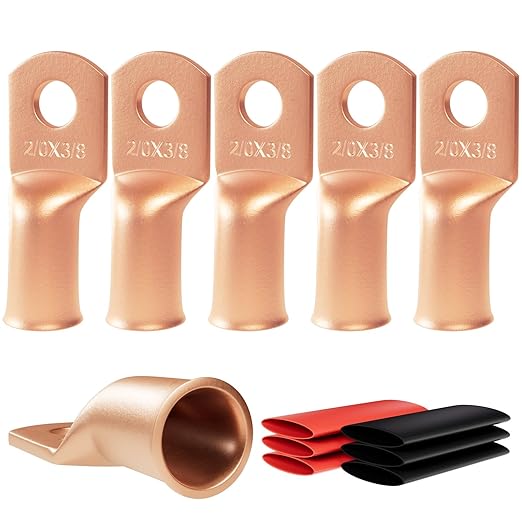 6pcs 2/0 Awg(00 Guage) - 3/8" (M10) Sanuke Wire Lugs Ring Terminal Connectors Ends Heavy Duty for Battery Cable Lug Wire Electrical Eyelets with 3:1 Dual Wall Adhesive Heat Shrink
