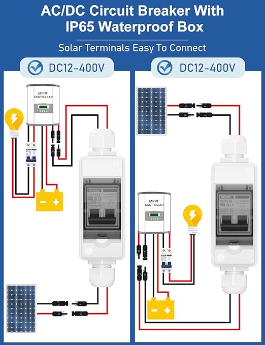 DIHOOL DC Circuit Breaker, Non Polarized, 20 Amp, 2 Pole, 12V - 400V, AC DC Disconnect Switch Box Outdoor, Battery Cutoff Isolator, PV Array MCB