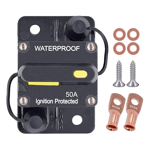 50 Amp Circuit Breaker with Manual Reset, DC 12V - 48V Circuit Protector for Marine Trolling Motor Car Amplifier RV Solar Truck ATV Inverter, Waterproof Surface-Mount Inline Fuse Holder