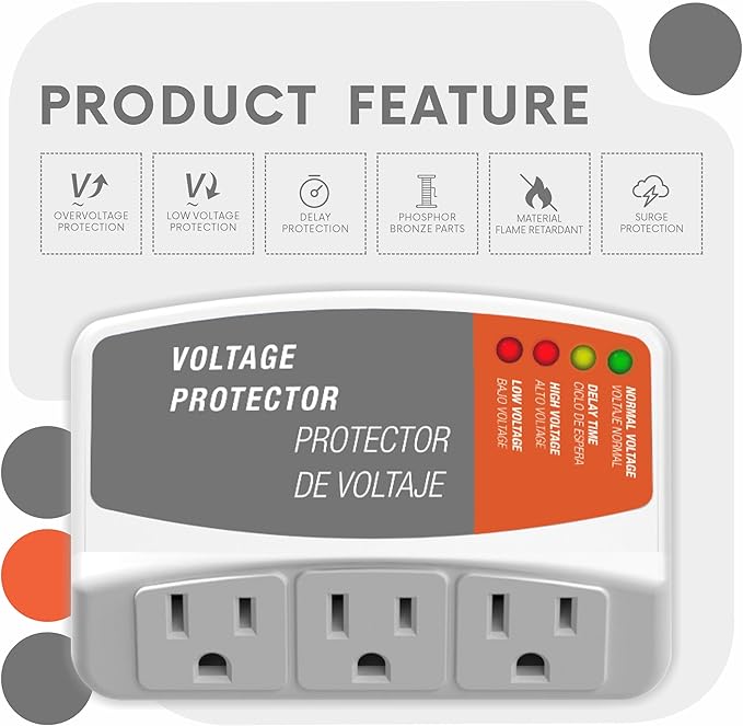 Surge Protector for Refrigerator with 3 Outlets Wall Socket Over/Under Voltage Protection for Home Appliances, 140J Surge Protection for Air Conditioner/TV/PC 120V 15A 1800W