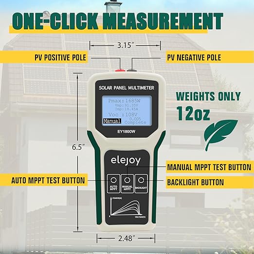 Upgrade 1800W Solar Panel Tester MPPT Photovoltaic Panel Multimeter, Smart MPPT Tools for Testing Solar PV Panel Open Circuit Voltage & Troubleshooting, LCD & Multiple Safety Protections