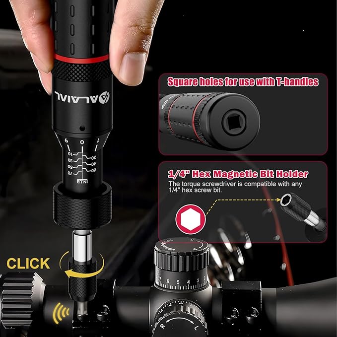 Torque Screwdriver Set 10-70 in-lb, Adjustable 1/4" Hex Inch-Pound Torque Driver with S2 Steel Bits & Case – Precision Tool for Bike Repair, Scope Mounting & Optics