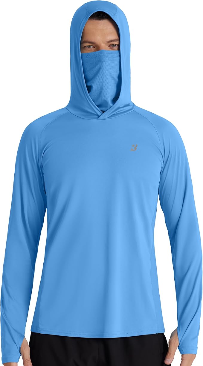 Roadbox Men's UPF 50+ Hooded Fishing Shirts Long Sleeve Sun Protection Hoodie, Hiking Running Swimming Rash Guard with Mask