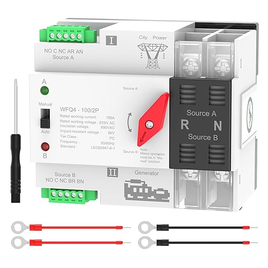 Automatic Transfer Switch 100A AC 220V, Dual Power ATS 2P Automatic/Manual Transfer Switch din Rail mounting for Home Generator, RV，Public/Backup Power Supply