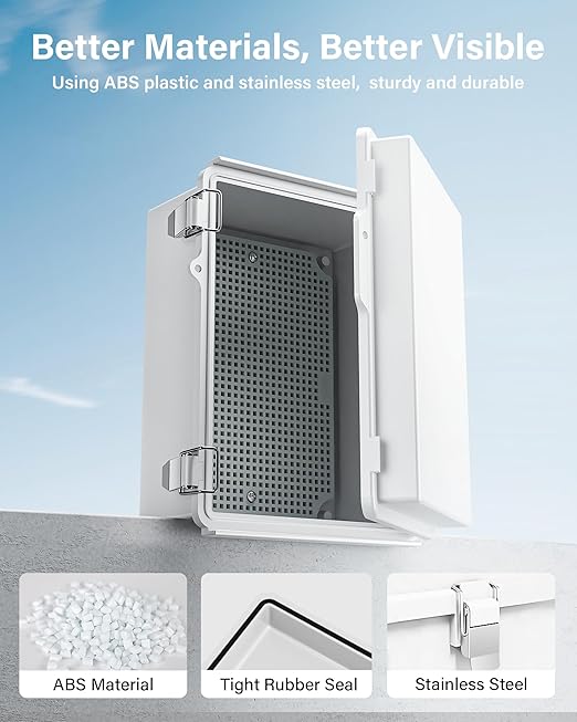 GEVEELIFE Waterproof Junction Box ABS Plastic, Outdoor Electrical Box IP67 Hinged Cover Project Box with Mounting Plate Wall Brackets and 2 Cable Glands, Grey Electrical Enclosure 8.7"x6.7"x4.3"