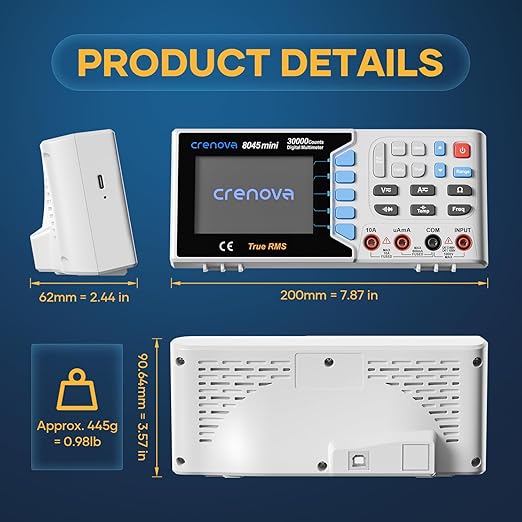 Crenova 30000 Counts True RMS Digital Multimeter, Desktop Bench Multimeter for Lab & Industrial Use. USB Data Logging, CAT II 600V. Measures Voltage, Current, Resistance, Capacitance, Temperature.