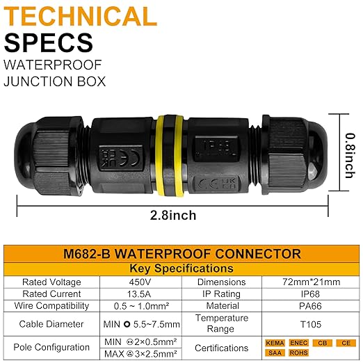 IP68 Waterproof Junction Box Outdoor 2way 3Pin (AC450v,13.5A) M16 Wire Range(5.5-7.5mm) Electrical Cable Connector,Suitable for Repair and Extend Power Cables,UL（3Pack）