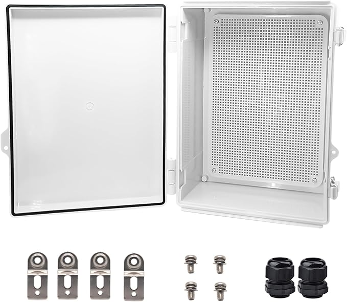 Outdoor Waterproof Electrical Box Junction Box Weatherproof IP67 ABS Plastic Enclosure Switch Router Project Box with Mounting Plate with Wall Bracket 2 Cable Glands Grey 14.6"x10.63" x5.9"