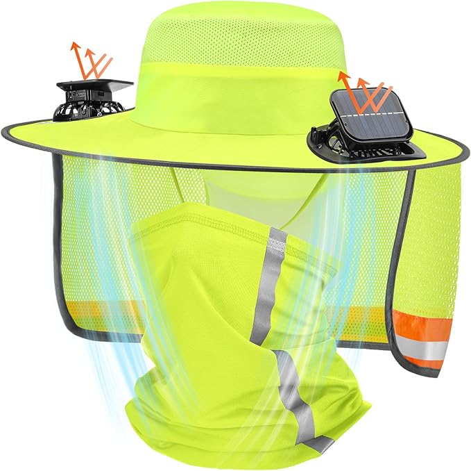 Solar Fan Hat for Men Women Sun Wide Brim Fishing Hat with Dual Power Ice Silk Neck Cover Reflective Design