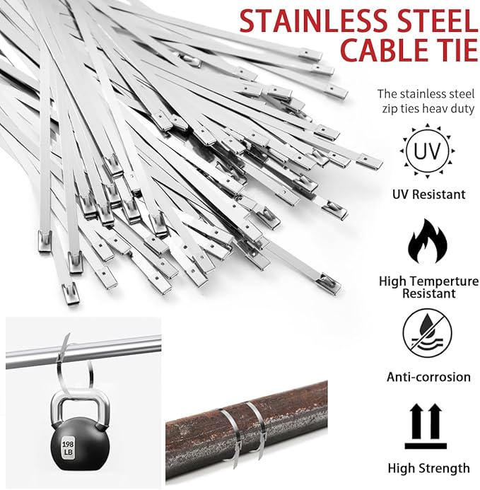 Metal Zip Tie Tool 300PCS (100 Each: 7.8/12/15.7 Inch) Stainless Steel Cable Tie Gun Kit | Self-Locking Fastening & Cutting Tool Metal Zip Tie Gun for Fencing, Exhaust Pipes, Automotive (Red)