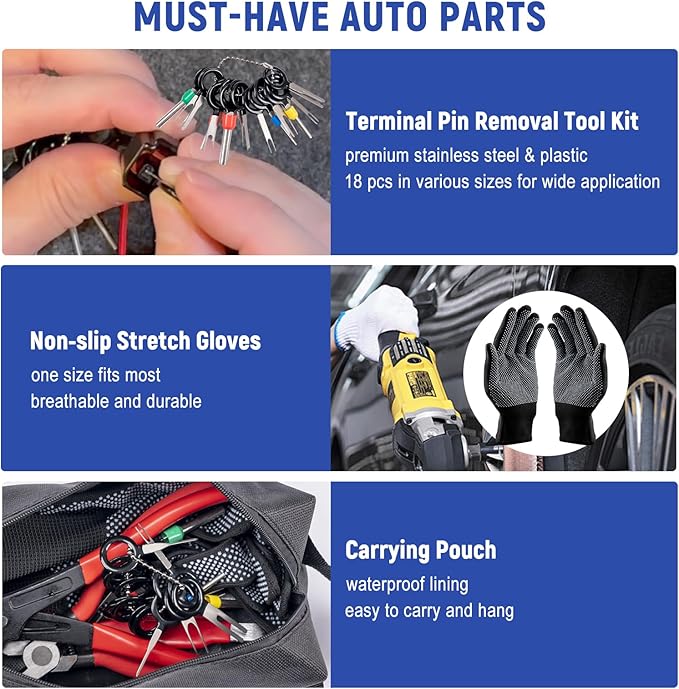 7 Pcs Electrical Disconnect Pliers for Cars 37960 37980, Connector Separator 13120 & Hose Clamp Pliers with Terminal Removal Tools, Work Gloves & Tool Bag - for Automotive Electrical Connector