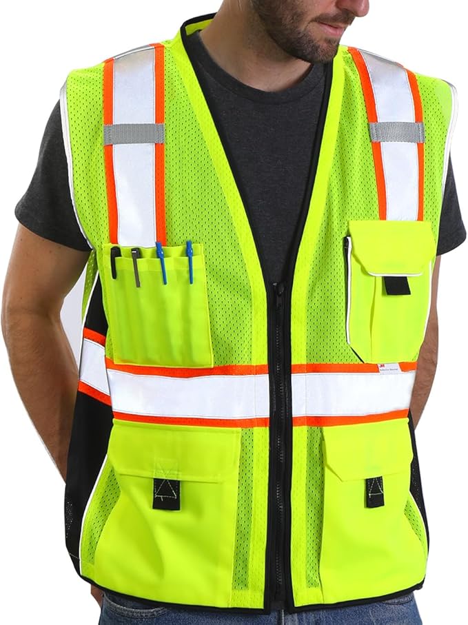Dib Safety Reflective Vest Yellow Mesh, High Visibility Vest with Pockets and Zipper, ANSI Class 2 Heavy Duty, Made with 3M Reflective Tape, XL