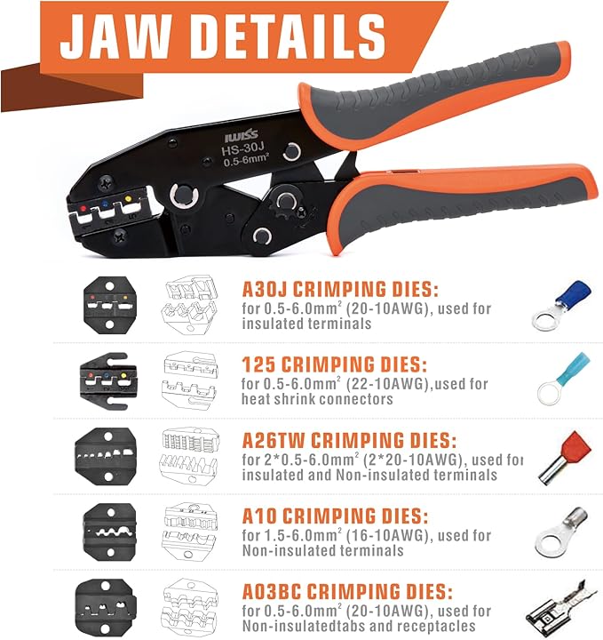 iCrimp Ratchet Wire Crimping Tool Set, 5 Interchangeable Jaws for Heat Shrink,Insulated Nylon,Non-Insulated Terminals AWG20-2, Wire Stripper included