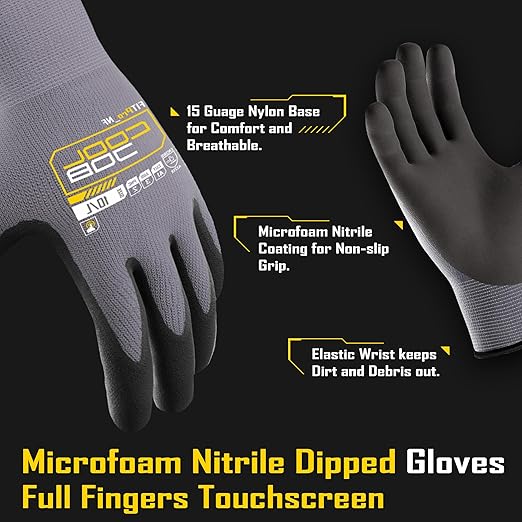 COOLJOB 3/12/36 Pairs Safety Work Gloves Microfoam Nitrile Rubber Coated, Seamless Knit Nylon with Full Fingers Touchscreen, Grip Nitrile Dipped, Ideal for Warehouse, Home Improvement, Grey Medium