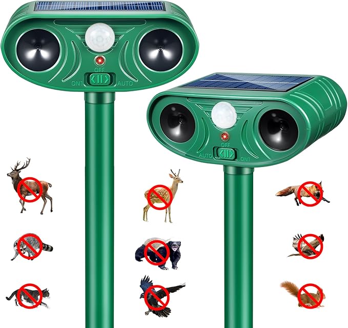 2026 Solar Animal Repellent Outdoor&Cat Repellent Outdoor with Motion Deer Repellent Devices Ultrasonic Cat Deterrent Fox Raccoon Squirrel Rabbit Coyote Deterrent for Farm Orchard Garden 2 Pack