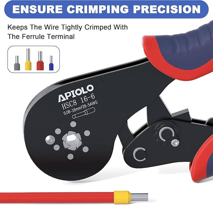 HS-16-6 Ferrule Crimping Tool, 6-Sided Serrated Crimp Ratchet Pliers AWG28-5 0.08-16mm², Labor-Saving Electrical Crimper for Automotive Industrial Household Use