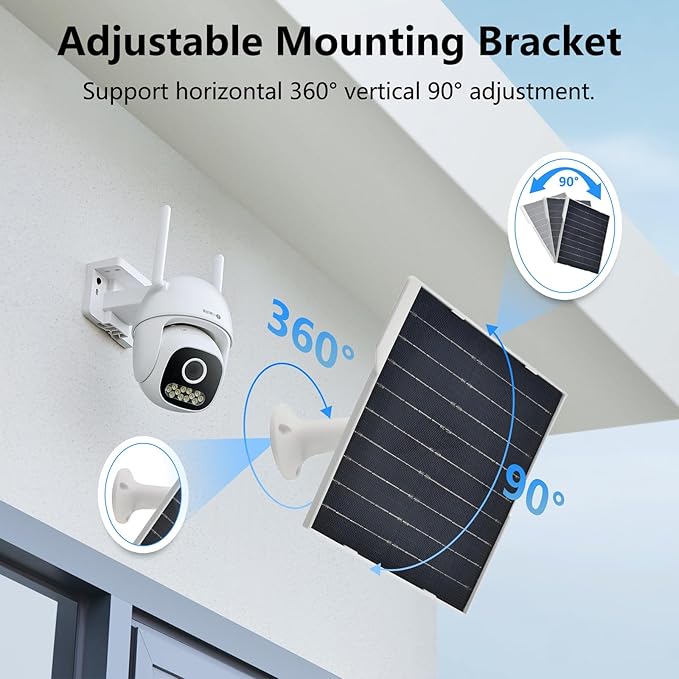 9W Solar Panel for Security Cameras, IP65 Waterproof with 360° Bracket & 9.8FT Cable, 5V Solar Power for Rechargeable Battery Cameras (USB-C/Micro USB)