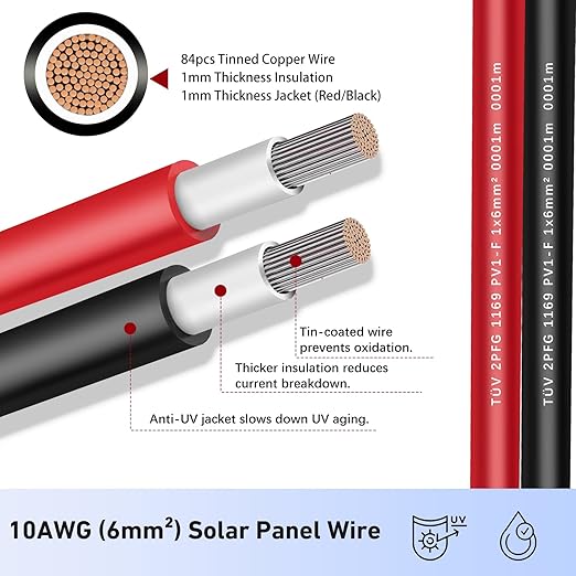Solar Extension Cable 20Feet 10AWG (6mm²) Solar Panel Cable Red & Black PV Wire Male Female Connector Adapter Gauge Wire for PV System