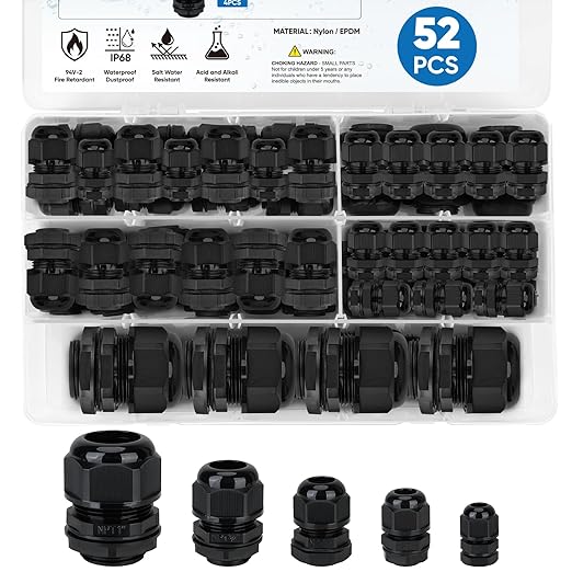 TICONN 52 Pcs IP68 Waterproof Cable Gland Kit Nylon NPT Adjustable Cable Connectors Assortment 1/4” 3/8” 1/2” 3/4” 1“ for Waterproof Junction Box Wire Pannel (Black, 52 Pcs)