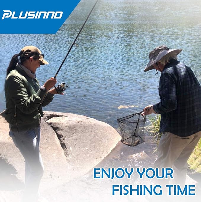 PLUSINNO Fishing Net Fish Floating Landing Net, Kayak Nets with Fixed Foldable Telescopic Pole Handle, Bass Trout Fishing Nets with Nylon Mesh for Pond Lake River, Fishing Gear Gifts for Men Anglers