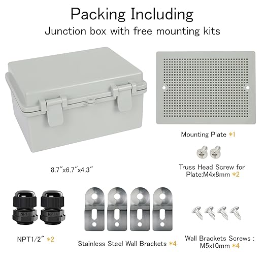 Junction Box IP65 Waterproof Electrical Box Outdoor ABS Plastic Project Box Hinged Shell Universal Enclosure Box with Mounting Plate, Wall Brackets, Cable Glands 8.7"x 6.7" x 4.3"