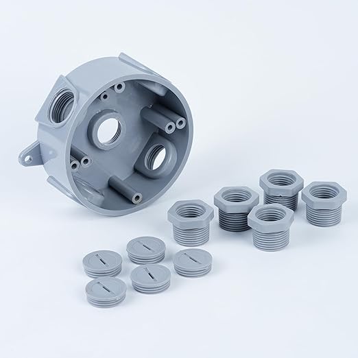 /2-Inch or 3/4-Inch Weatherproof Electrical Junction Box with Adapters, Gray, Indoor/Outdoor Installation (Round Box)