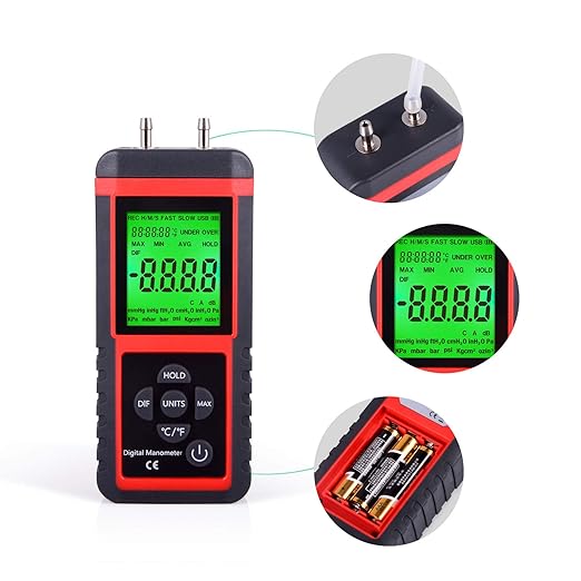 EHDIS Manometer, Professional Air Pressure Meter, Dual-Port HVAC Digital Manometers Gas Pressure Tester Differential Gauge