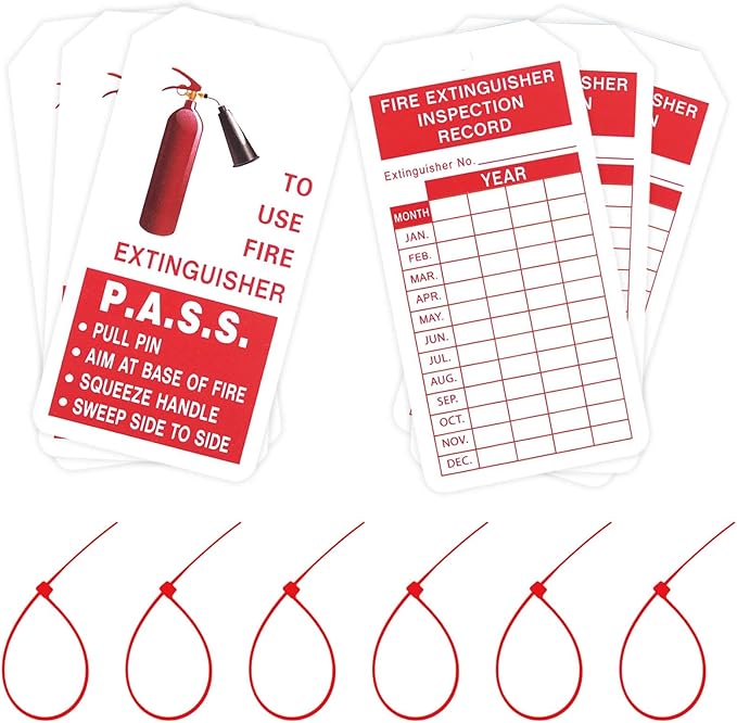 Fire Extinguisher Tags with Adjustable Wire Ties Fire Extinguisher Recharge and Inspection Record for Indoor Outdoor Fire Extinguishers, 4.2 x 2.1 Inch 50sets