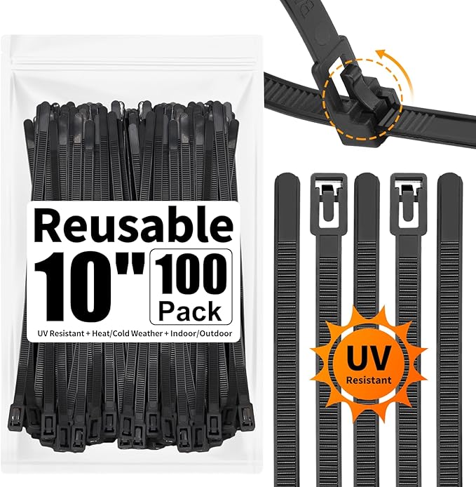 SOOOEC 100 Pack Reusable Zip Ties 10 inch Heavy Duty Outdoor UV Resistant, Releasable Black Zip Ties Indoor Round Ending No Hurt, Cable Ties Reusable Tie Wraps Non Slip Off