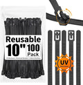 SOOOEC 100 Pack Reusable Zip Ties 10 inch Heavy Duty Outdoor UV Resistant, Releasable Black Zip Ties Indoor Round Ending No Hurt, Cable Ties Reusable Tie Wraps Non Slip Off