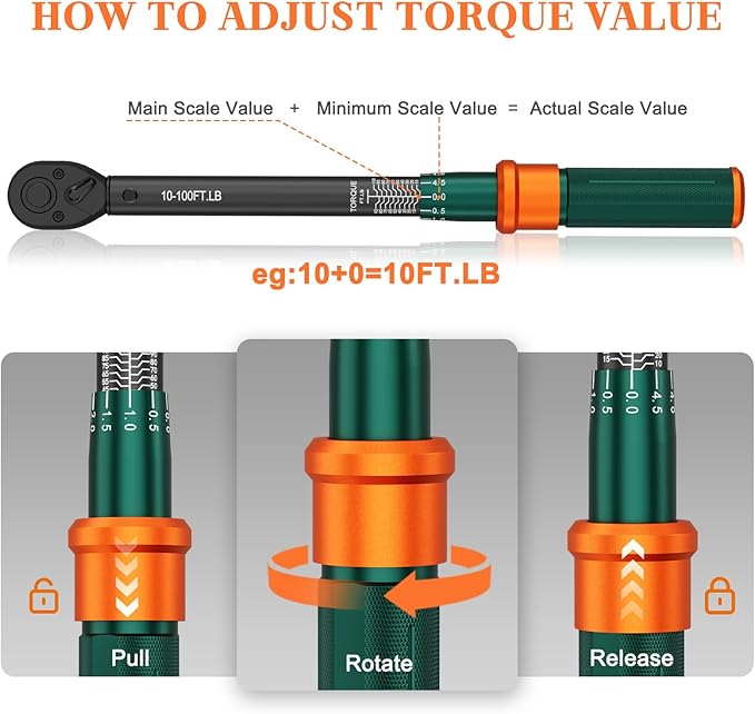 3/8 Drive Torque Wrench, 10-100 Ft-lb, ±3% High Accuracy Click Torque Wrench with 72-Tooth Dual-Direction Head for Spark Plugs, Engine Repair, Motorcycles and Automotive Maintenance
