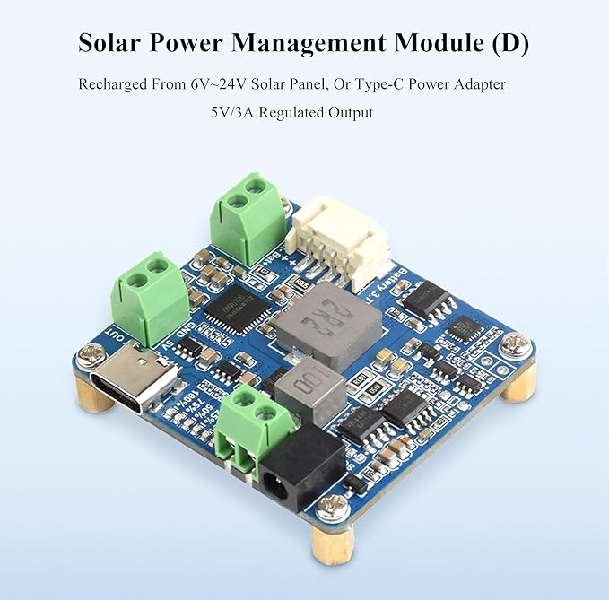 MPPT Solar Energy/Solar Power Manager Module for 6V~24V Solar Panel, Support Recharged from Solar Panel or USB Type-C Power Adapter, 5V/3A Output, Compatible with Raspberry Pi (with Battery Holder)