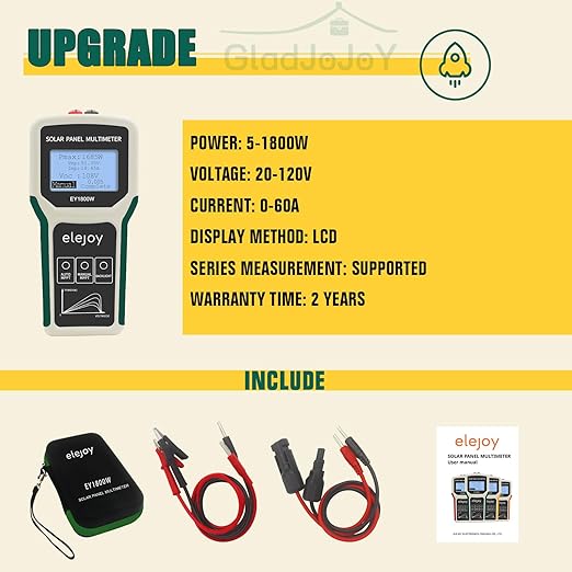 Upgrade 1800W Solar Panel Tester MPPT Photovoltaic Panel Multimeter, Smart MPPT Tools for Testing Solar PV Panel Open Circuit Voltage & Troubleshooting, LCD & Multiple Safety Protections
