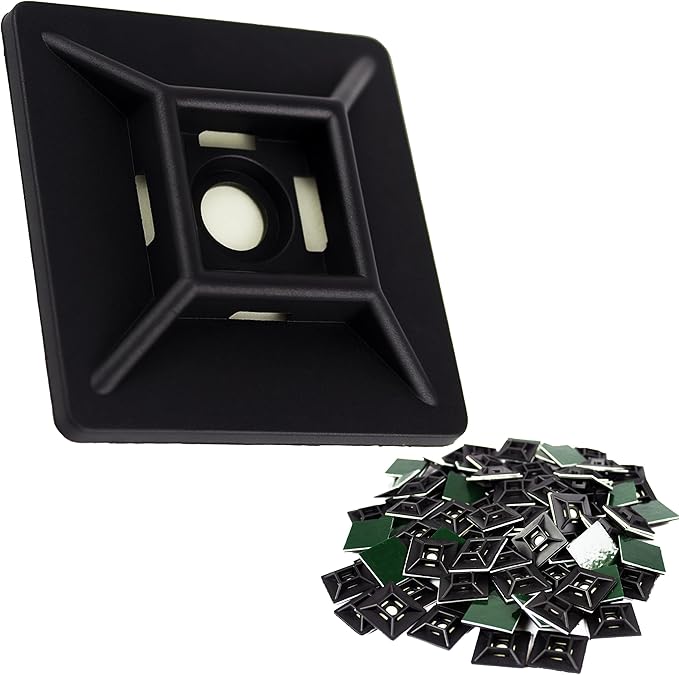 Zip Tie Adhesive-Backed Mounts 100Pk. Professional-Grade, UV Black Cable Tie Bases, 1.1 x 1.1. Screw-Hole Anchor Point Provides Optimal Strength for Long-Term Durability & Use and Clutter-Free Cables.