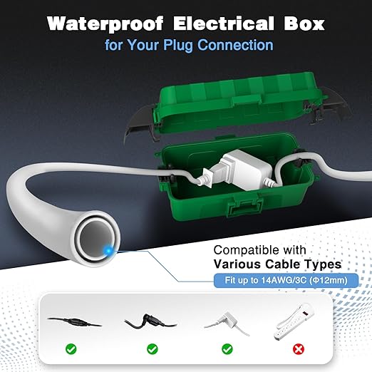 FLEMOON [2 Pack] IP55 Outdoor Electrical Box Waterproof with Detachable Awning Covers, 8.3 x 4.1 x 3.7 inch Weatherproof Extension Cord Cover, Easy Installation for Outdoor Plug, String Lights, Green