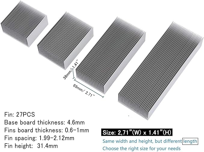Large Aluminum Heatsink 7.09" x2.71" x 1.41" / 180x69x36mm High Power Heat Sink Diffusion Cooling Module Cooler 27 Fin Radiator for Led Amplifier Transistor Semiconductor PC Computer PCB