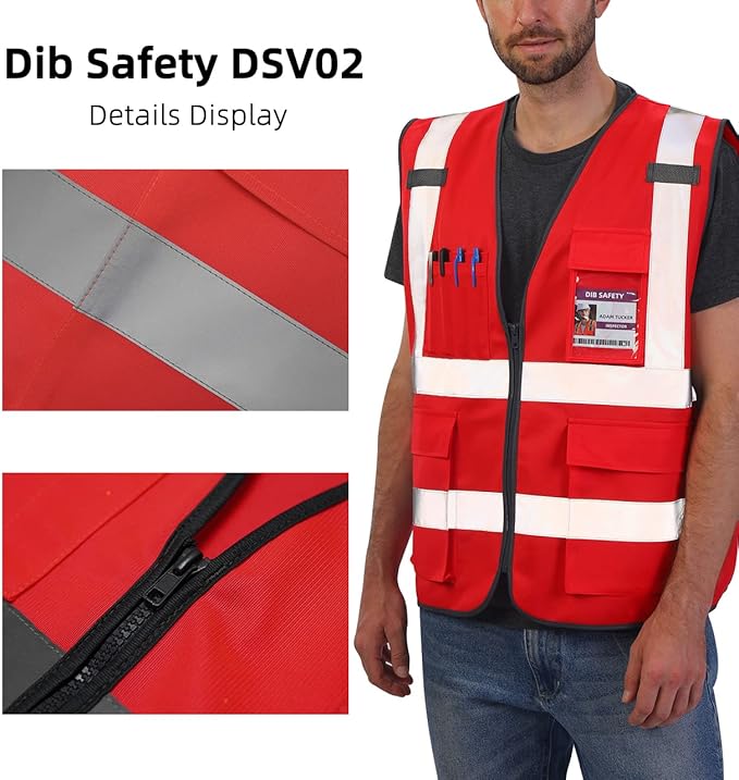 Dib Safety Reflective Vest ANSI Class 2, High Visibility Vest with Pockets and Zipper, Construction Work, Hi Vis