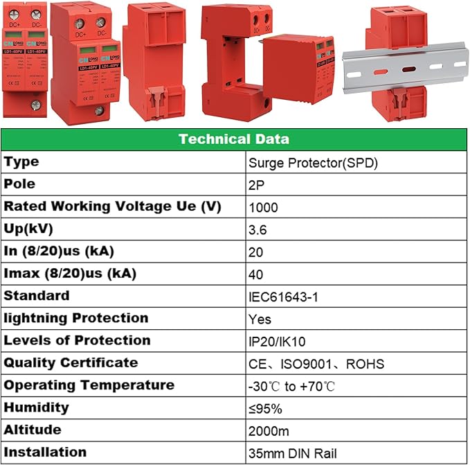 2P 40KA Voltage Surge Protector DC 1000V Solar PV Lightning Arrester Device for Rv, Home Lightning Protection System 35mm DIN Rail Mount