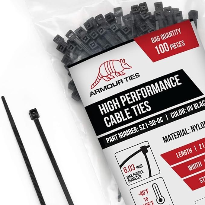 21-inch Black Zip Ties Heavy Duty UV Resistant Nylon Cable Ties, 50lb Tensile Strength, 100-Pack - Durable Wire Ties, Heavy Duty Tie Straps Indoor and Outdoor Cable Management Solution by ARMOUR TIES